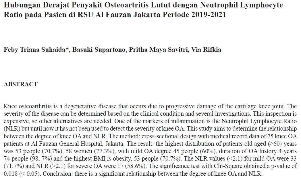 Hubungan Derajat Penyakit Osteoartritis Lutut dengan Neutrophil Lymphocyte Ratio pada Pasien di RSU Al Fauzan Jakarta Periode 2019-2021